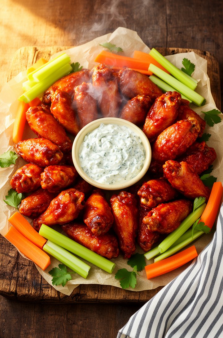 Overhead beauty shot of a full platter of glossy buffalo wings piled on parchment paper on an aged wooden board, a small butter-cream ceramic bowl of chunky blue cheese dip in the center, celery and c
