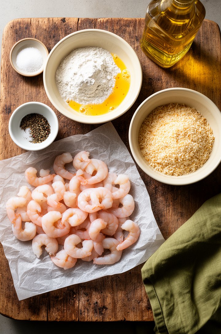 Overhead flat-lay mise en place of coconut shrimp ingredients on an aged wooden board — three butter-cream ceramic shallow bowls containing flour, beaten eggs, and a panko-coconut mixture, raw pink sh