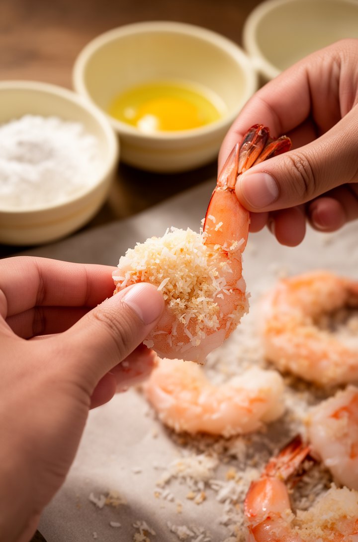 Close-up 30-degree angle action shot of hands pressing shredded coconut-panko mixture onto a raw pink shrimp held by its tail, three shallow butter-cream ceramic bowls visible in soft focus behind — o