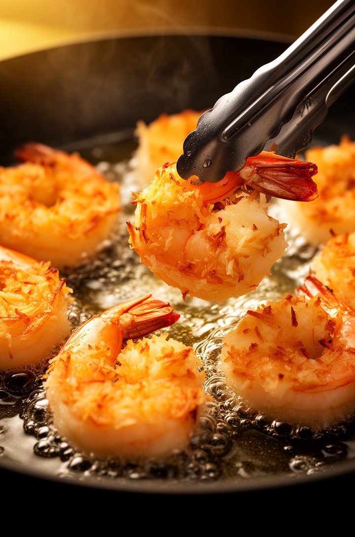 Extreme close-up macro of coconut shrimp frying in a skillet, 6-7 shrimp visible with deep golden-brown toasted coconut crust, oil gently bubbling around the edges, one shrimp being flipped with tongs