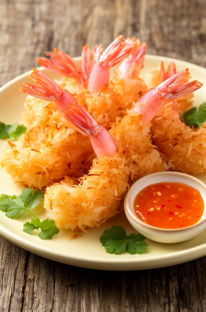 Close-up beauty shot of a pile of crispy coconut shrimp on a butter-cream ceramic plate, pink tails fanning outward, golden toasted coconut strands visible, small bowl of glossy orange-red sweet chili