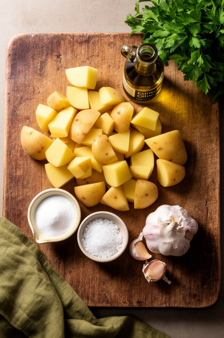 Overhead flat-lay of 4 pounds of peeled Yukon Gold potatoes cut into rough 1.5-inch chunks on an aged wooden cutting board, a small butter-cream ceramic pinch bowl of baking soda, a ramekin of flaky s