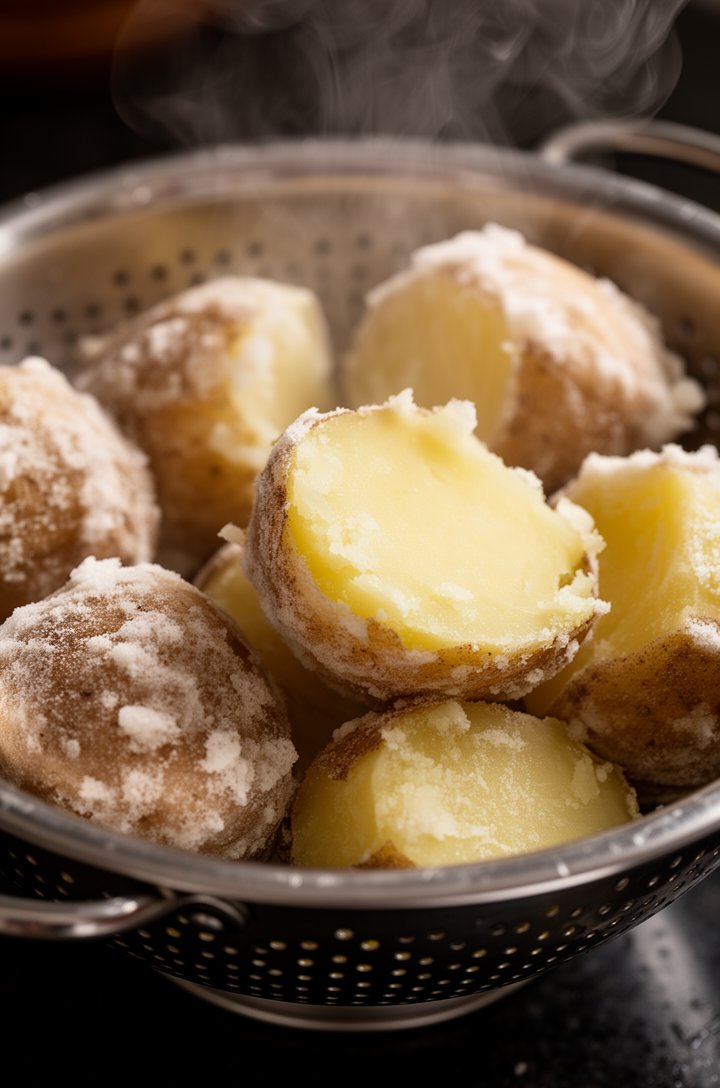 Close-up 30-degree angle of drained parboiled potato chunks in a metal colander, surfaces visibly rough and coated in a thin white starchy paste, steam rising from the hot potatoes, one potato piece s