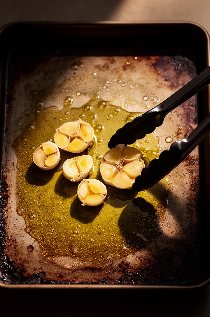 Overhead shot of a dark rimmed sheet pan just pulled from the oven, shimmering garlic-infused olive oil with 6 golden smashed garlic cloves being removed with tongs, the oil glistening and slightly bu