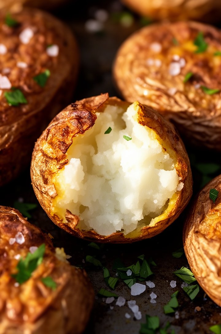 Extreme close-up macro shot of crispy roasted potatoes on a dark sheet pan fresh from the oven, one potato broken open revealing fluffy white creamy interior contrasting with deeply golden-brown shatt