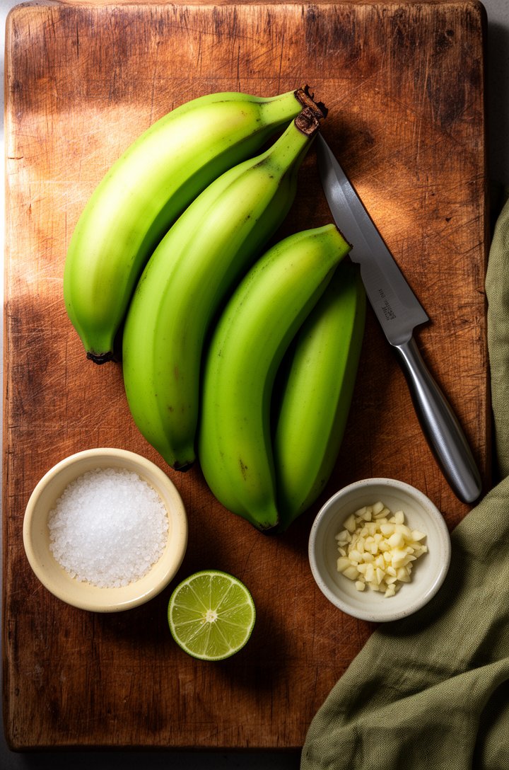 Overhead flat-lay of four unpeeled green plantains on an aged wooden cutting board, a sharp knife beside them, a small butter-cream ceramic bowl of coarse kosher salt, a halved lime, and minced garlic