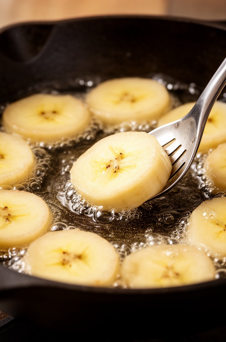Close-up 30-degree angle of pale golden plantain rounds frying gently in shimmering oil in a heavy dark cast-iron skillet, small lazy bubbles rising around the edges of each piece, oil surface catchin