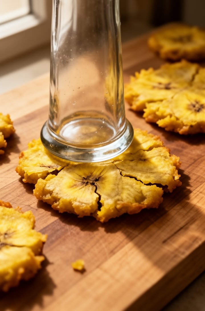 Action shot of a flat-bottomed glass pressing down on a fried plantain round on a wooden cutting board, the plantain spreading into a craggy disc with uneven edges and small cracks, other smashed tost