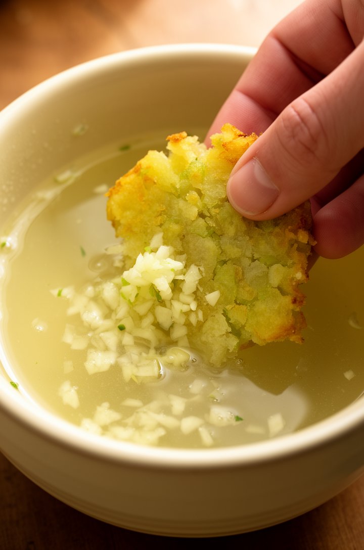 Close-up of smashed tostones being dipped into a bowl of garlic-lime water using fingers, water slightly cloudy with visible minced garlic floating, lime juice giving the water a slight haze, butter-c