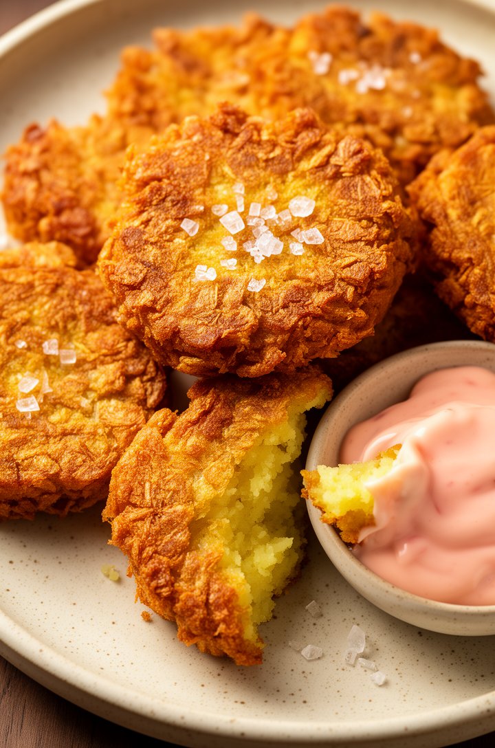 Extreme close-up macro of finished golden-brown tostones piled on a speckled cream ceramic plate, coarse flaky sea salt crystals visible on the craggy surfaces catching the light, one tostone broken i