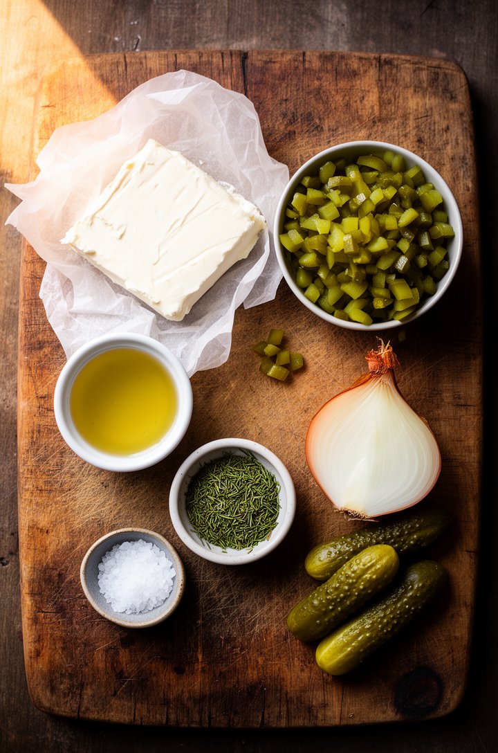 Overhead flat-lay of dill pickle dip ingredients on an aged wooden cutting board — a block of cream cheese on parchment, a small white ramekin of pickle juice, a pile of finely chopped bright green di