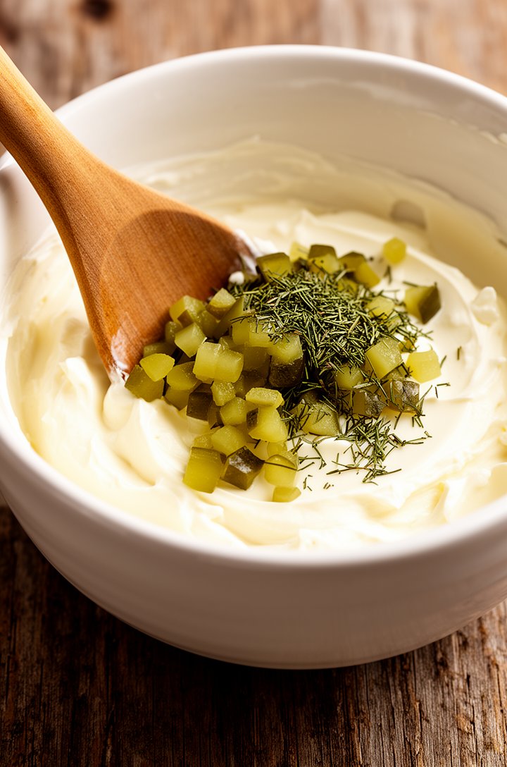 Close-up 45-degree angle of a wooden spoon stirring cream cheese in a white ceramic mixing bowl, the cream cheese smooth and glossy, chopped green pickle pieces and dried dill just added on top waitin
