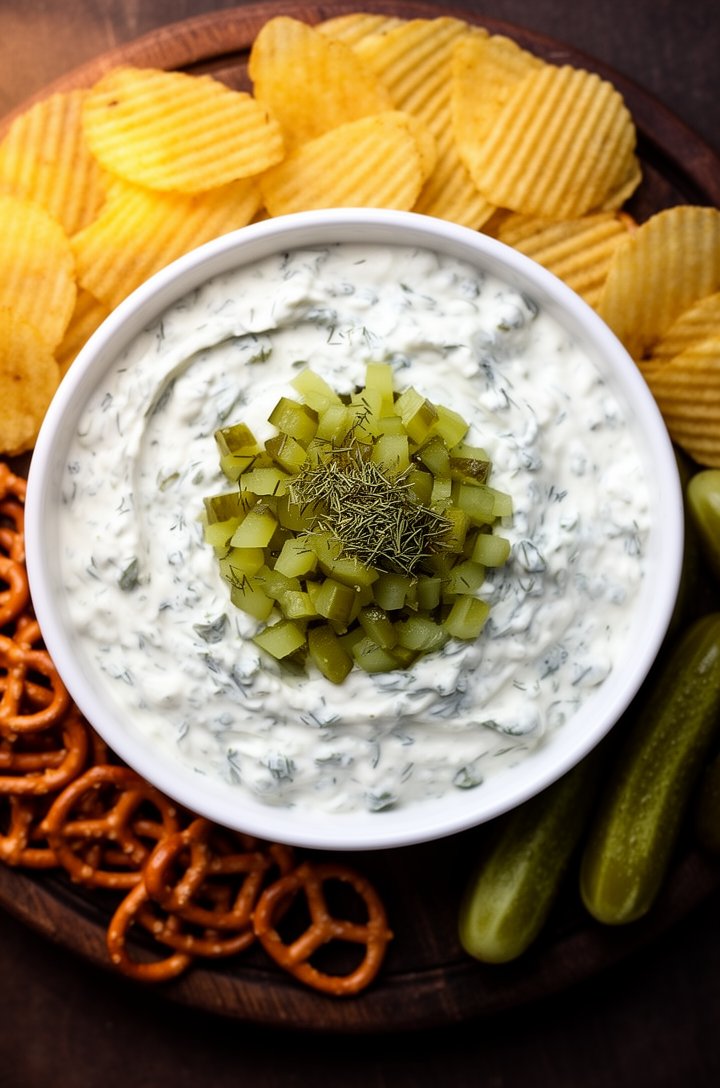 Overhead shot of the finished dill pickle dip in a wide white ceramic bowl on a dark wooden board, thick creamy texture studded with green pickle pieces and dill flecks visible throughout, topped with
