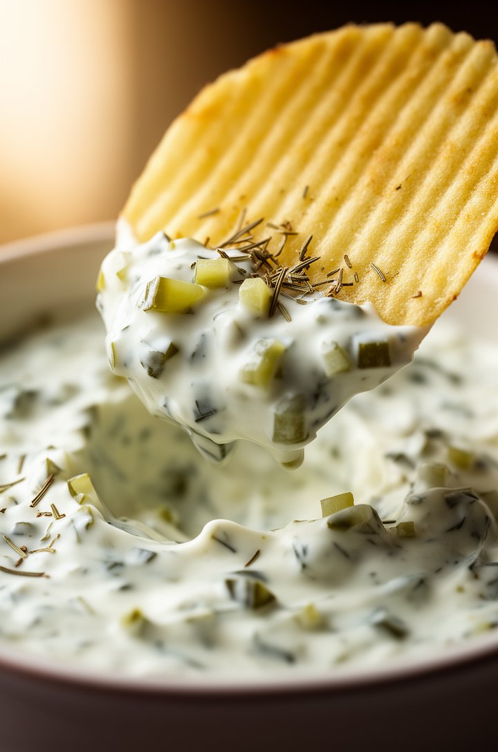 Extreme close-up macro shot of a single ridged potato chip scooping through creamy dill pickle dip, the thick dip clinging to the chip with visible chopped pickle bits and dried dill herbs, creamy whi