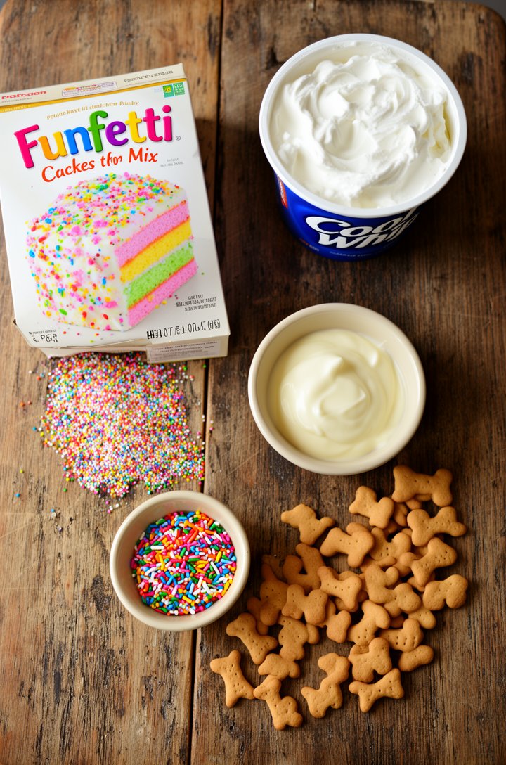 Overhead flat-lay of ingredients on an aged wooden board — half a box of funfetti cake mix with colorful sprinkle bits visible, a tub of Cool Whip with lid off showing fluffy white topping, a small bu