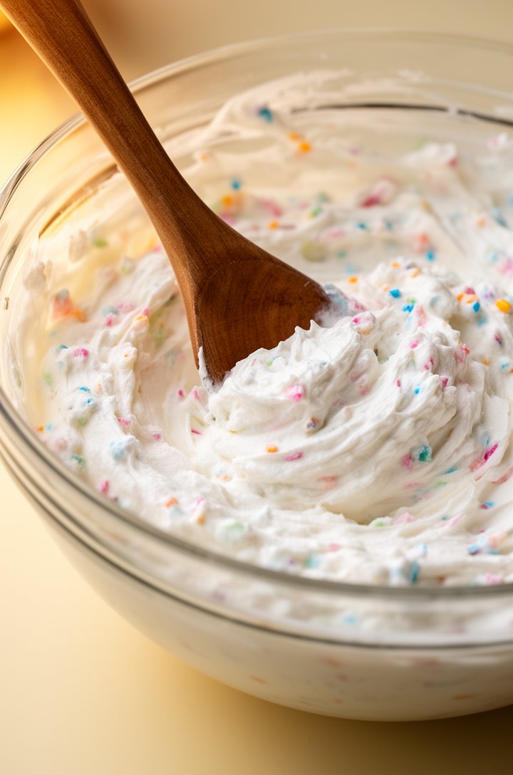 Close-up 30-degree angle of a wooden spoon stirring fluffy white funfetti dip in a large glass mixing bowl, colorful sprinkle flecks visible throughout the creamy mixture, mid-stir showing the smooth 