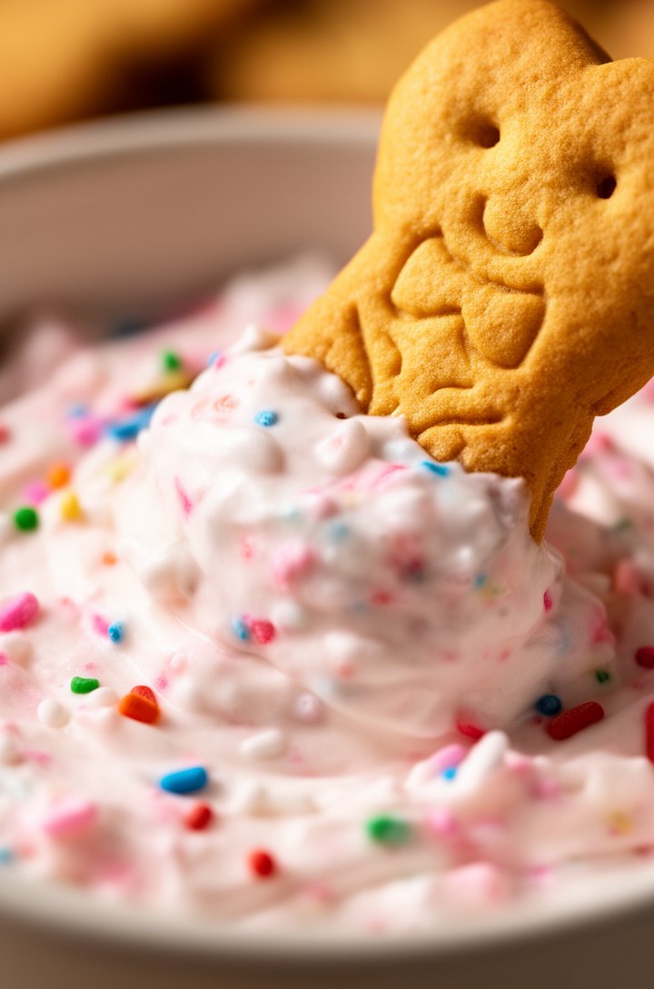 Extreme close-up macro of a golden animal cracker being dipped into fluffy white-pink funfetti dip, the cracker half-submerged with dip clinging to it, colorful sprinkles visible in the creamy surface