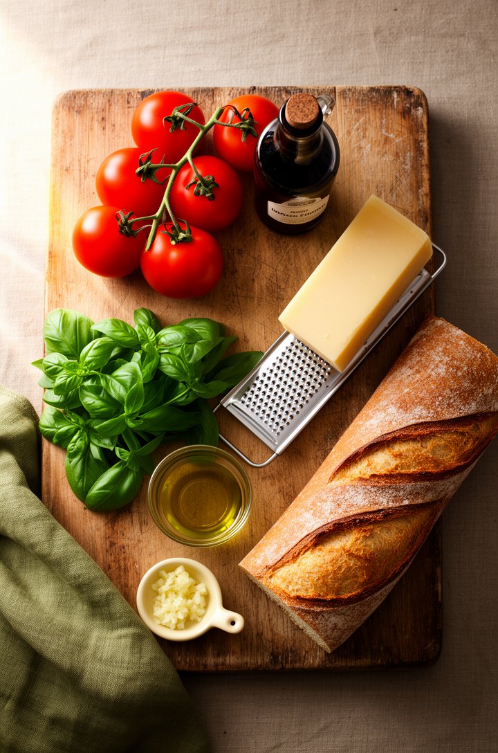 Overhead flat-lay of bruschetta ingredients arranged on an aged wooden cutting board — whole roma tomatoes, a bunch of fresh basil, a wedge of parmesan with a small grater, a small glass bowl of olive