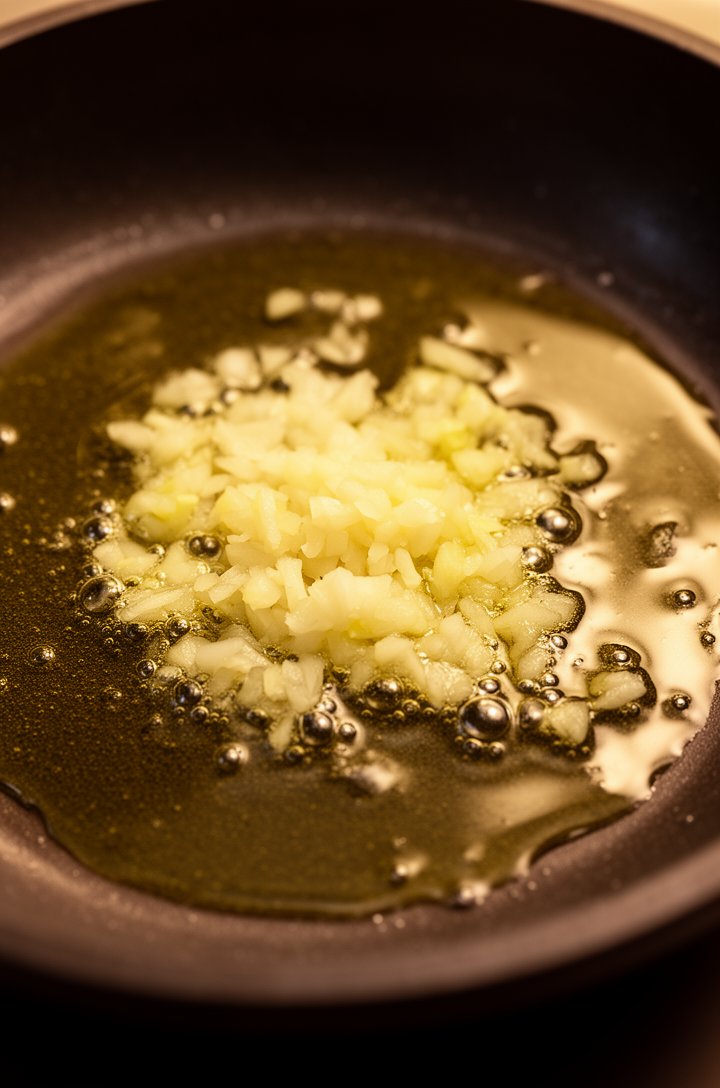 Close-up 45-degree angle of minced garlic sizzling gently in olive oil in a small dark skillet, garlic pieces turning pale golden, oil shimmering with tiny bubbles around each piece, warm side light c