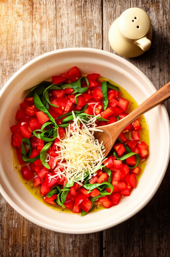 Overhead shot of a large mixing bowl filled with diced bright red roma tomatoes tossed with green basil ribbons, visible shredded parmesan, and glistening garlic-infused olive oil, a wooden spoon rest
