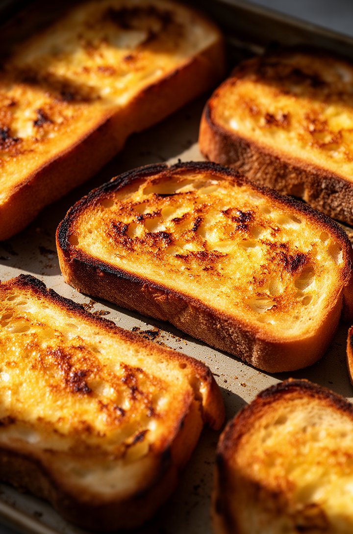 Close-up 30-degree angle of golden-brown broiled French bread slices arranged on a baking sheet, surfaces showing appealing char spots and golden-toasted texture, some pieces with slightly darker edge