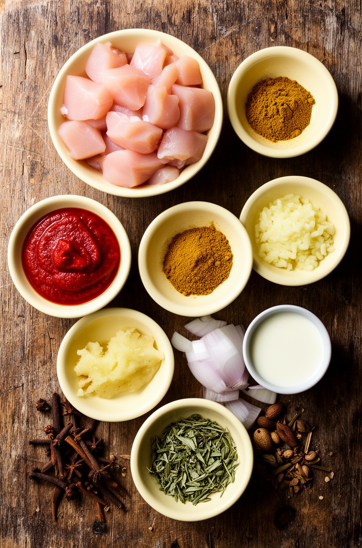 Overhead flat-lay on an aged wooden board of all butter chicken ingredients arranged in small butter-cream ceramic bowls — diced raw chicken breast, a small bowl of rich red tomato paste, golden garam