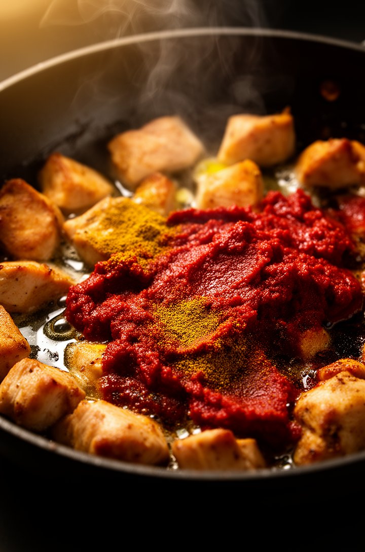 Close-up 30-degree angle of diced chicken pieces cooking with deep rust-red tomato paste and golden spices in a dark skillet, the paste darkening and caramelizing around the edges, glistening oil and 