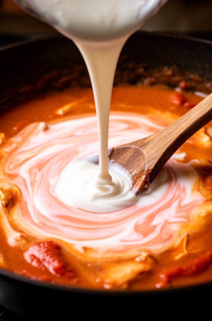 Extreme close-up macro shot of heavy cream being poured into the dark skillet of spiced chicken and tomato paste, the cream swirling into the deep orange sauce creating beautiful marbled patterns of w