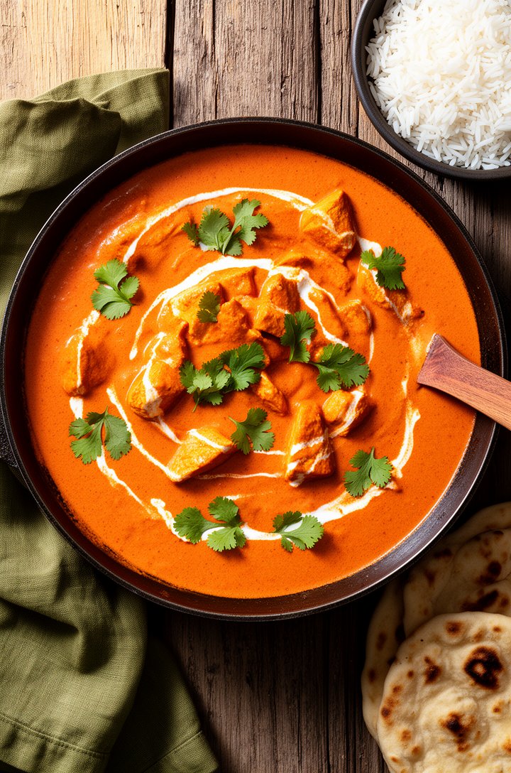 Overhead beauty shot of finished butter chicken in a large dark skillet, rich creamy orange-coral sauce with tender chicken pieces, scattered fresh torn cilantro leaves and a delicate cream drizzle sw