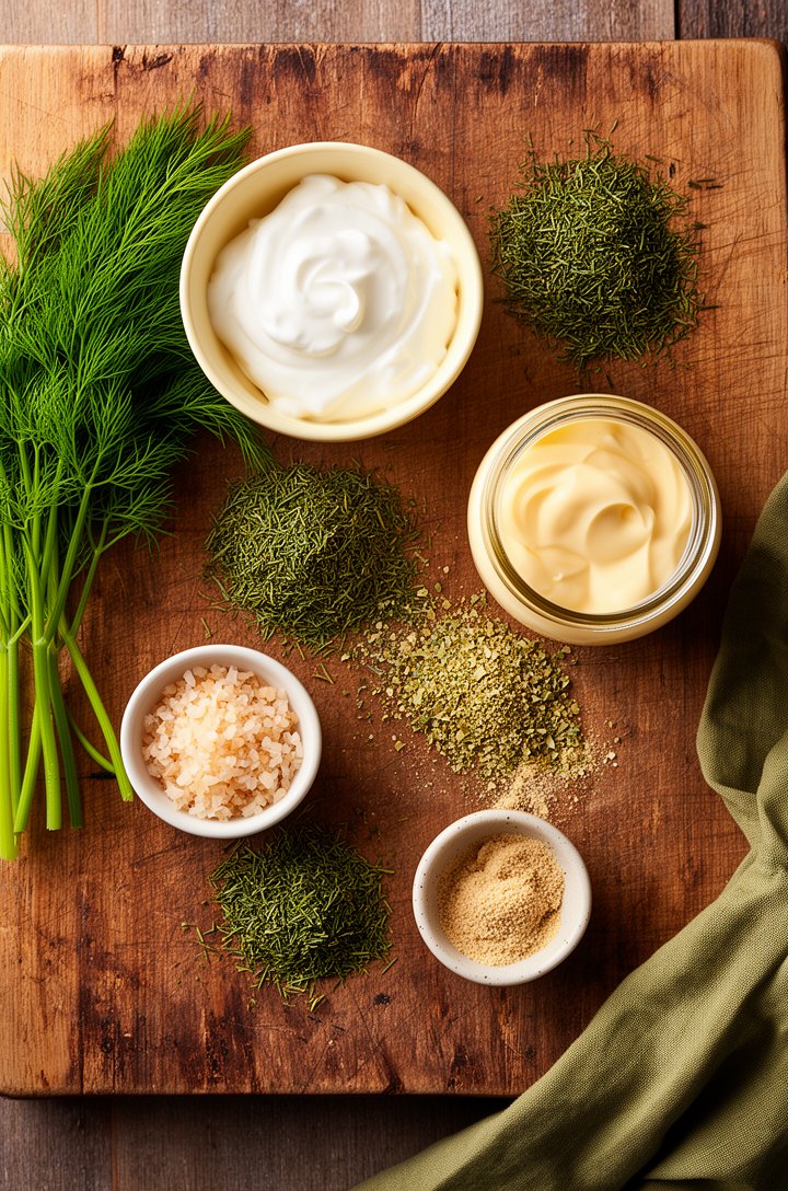 Overhead flat-lay of dill dip ingredients arranged on an aged wooden cutting board — a small butter-cream ceramic bowl of sour cream, a jar of mayonnaise, scattered dried dill weed, a tiny bowl of dri