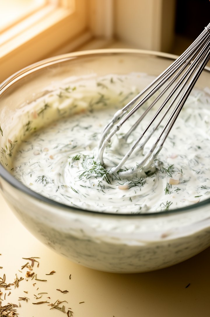 Close-up 45-degree angle of a whisk stirring creamy white dill dip in a medium glass mixing bowl, green herb flecks swirling through the smooth base, dried dill and onion pieces visible throughout, wa