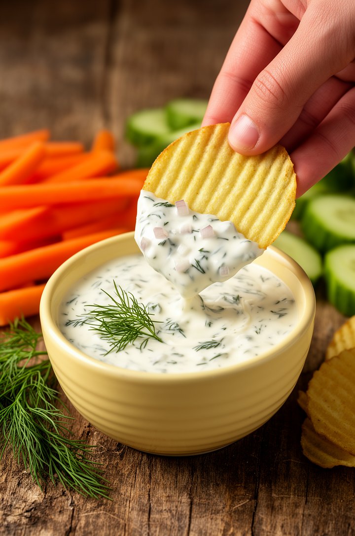 Side-angle close-up of a hand dipping a thick ridged potato chip into a butter-cream ceramic bowl of creamy dill dip, dip clinging thickly to the chip, visible green dill flecks and tiny onion pieces 