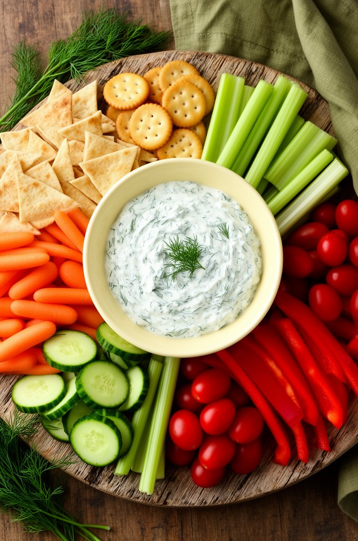 Overhead beauty shot of the finished dill dip in a small butter-cream ceramic bowl centered on an aged wooden board, surrounded by a colorful spread of raw vegetables — baby carrots, sliced cucumbers,