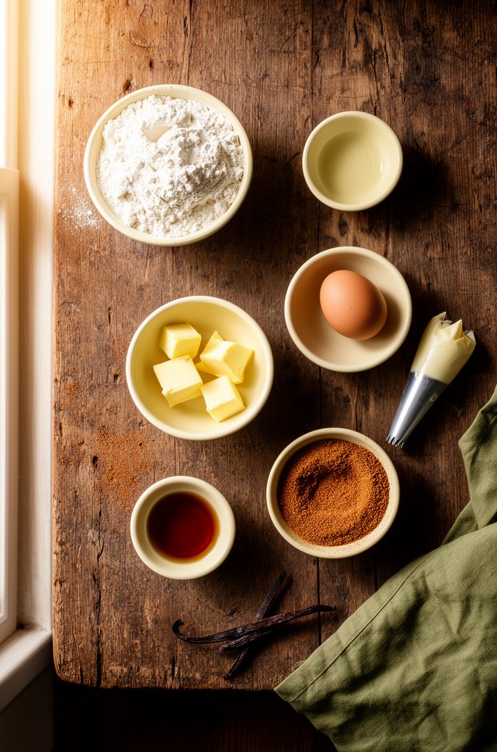 Overhead flat-lay on aged wooden board of churro ingredients arranged in small butter-cream ceramic bowls — flour, cubed butter, a single egg, vanilla extract, and a shallow dish of cinnamon sugar mix