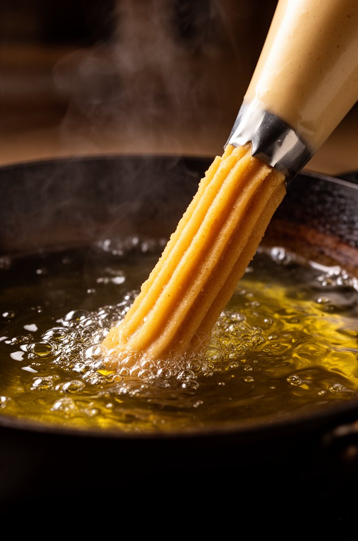 Close-up 30-degree angle of thick churro dough being piped from a piping bag with star tip directly into bubbling golden oil in a heavy dark pot, dough holding its ridged shape as it hits the hot oil 