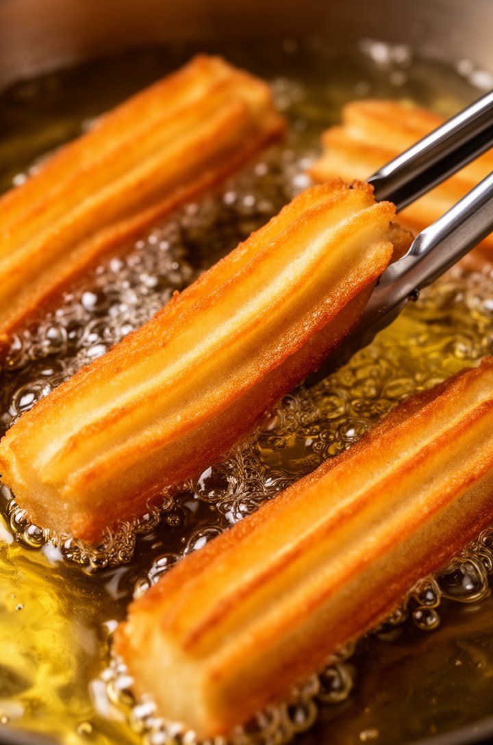 Close-up macro shot of four churros frying in golden oil, deep amber-gold color developing on the ridged surfaces, one churro being turned with metal tongs showing the contrast between the golden frie