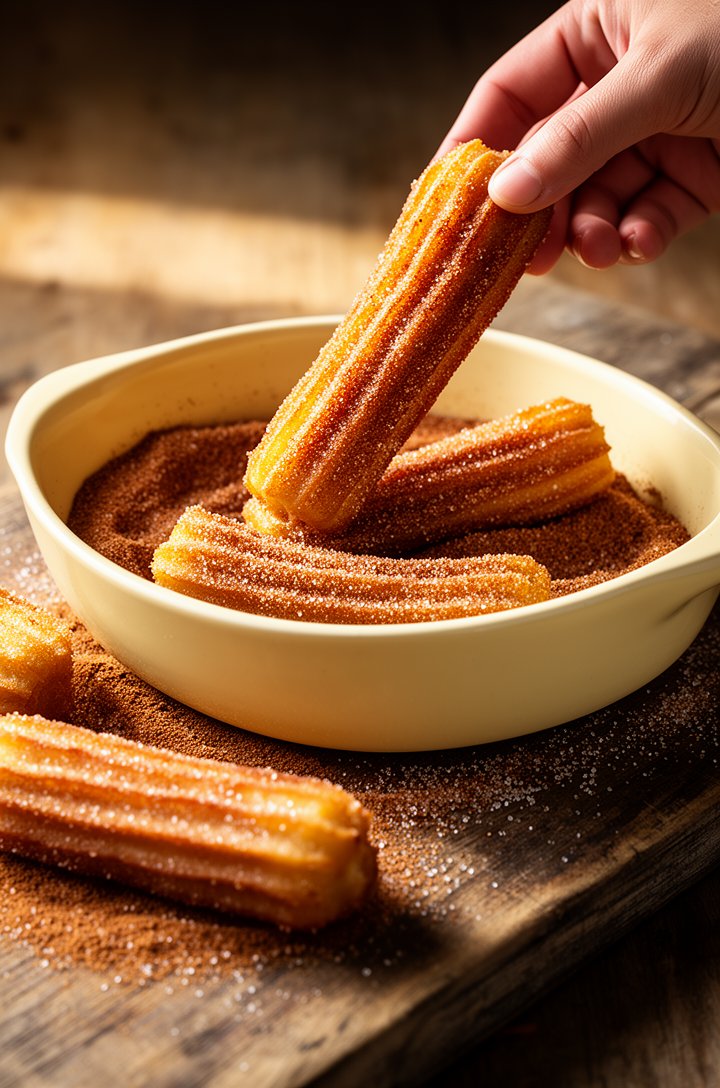 Warm editorial shot of freshly fried churros being rolled in cinnamon sugar in a shallow butter-cream ceramic dish, sugar crystals catching the light, some churros already coated and glistening on an 
