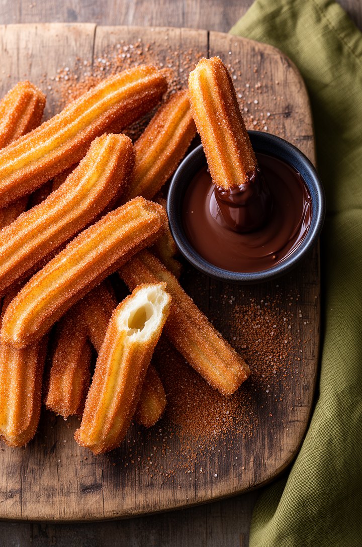 Overhead beauty shot of a pile of golden cinnamon-sugar-coated churros on aged wooden board, one churro broken in half showing the soft pillowy hollow interior, a small dark ceramic bowl of glossy cho