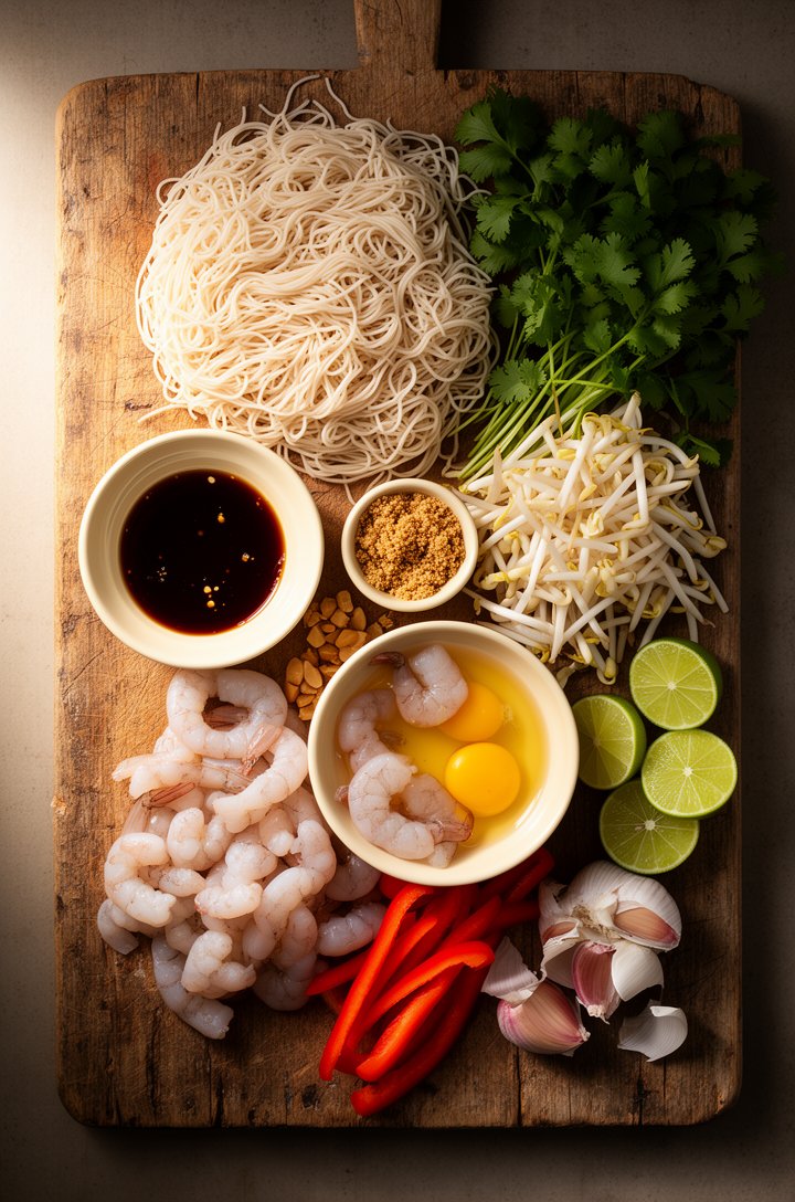 Overhead flat-lay of pad thai ingredients arranged on an aged wooden cutting board — dry flat rice noodles in a loose nest, small butter-cream ceramic bowls of fish sauce, brown sugar, chopped peanuts