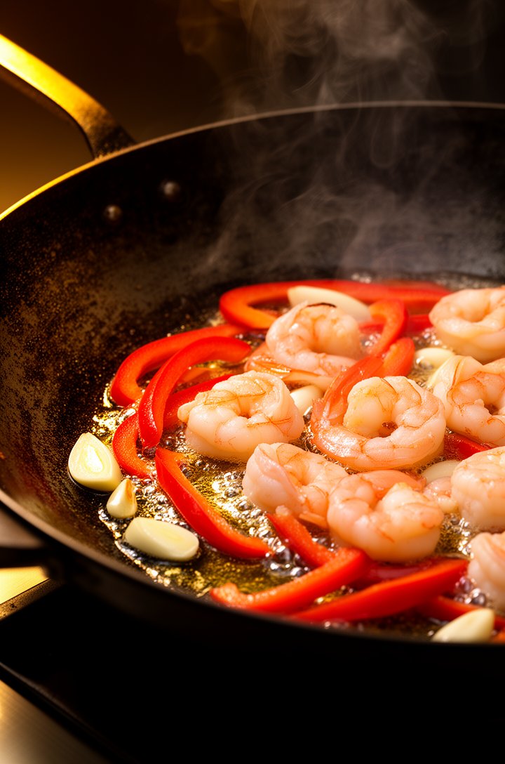 Close-up 30-degree angle of a hot wok with shrimp and sliced red bell pepper sizzling in shimmering oil, garlic pieces visible, steam rising, shrimp turning pink and curling, wok surface showing dark 