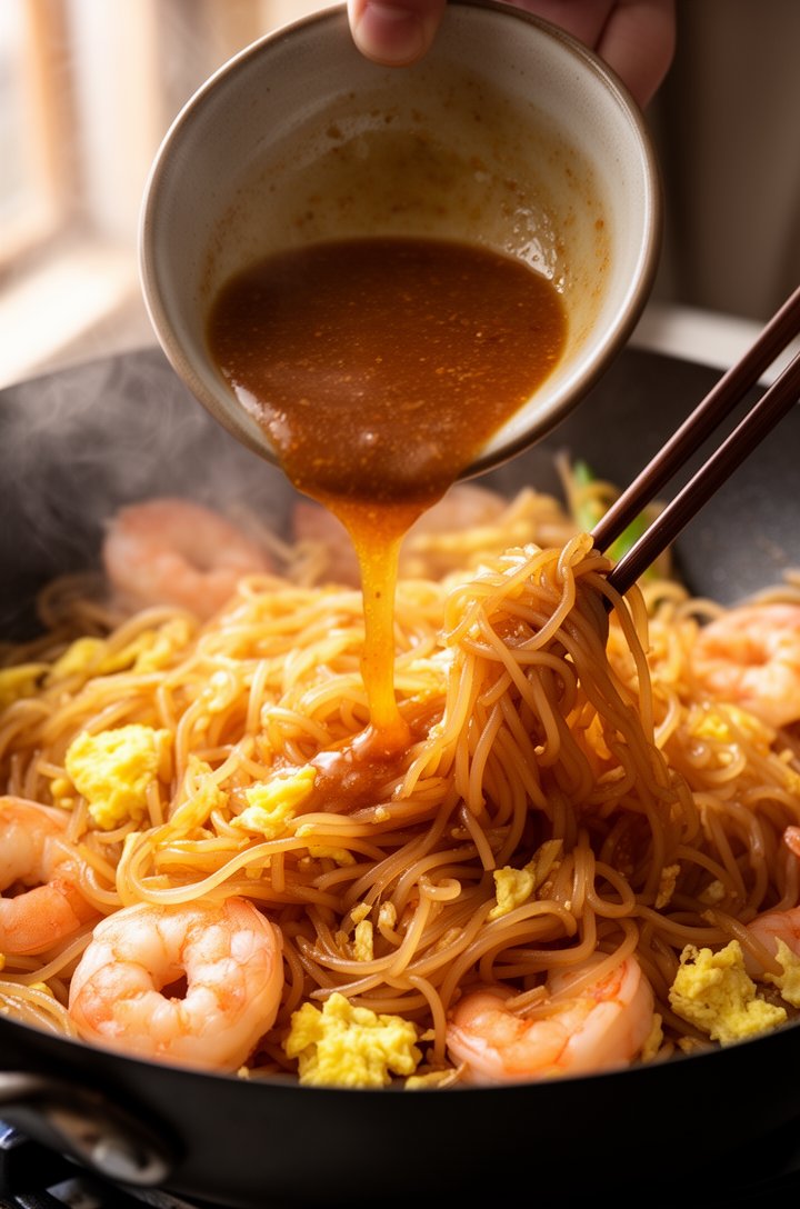 Extreme close-up of amber-colored pad thai sauce being poured from a small ceramic bowl into a wok full of tangled rice noodles with shrimp and scrambled egg pieces, sauce glistening and coating the n