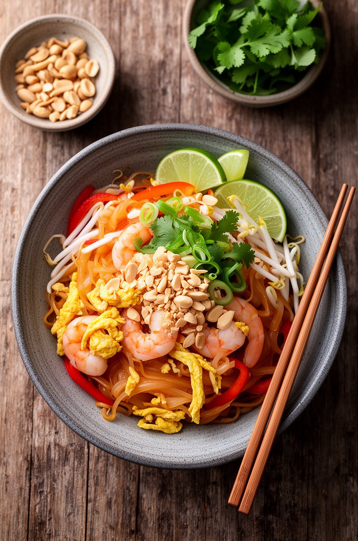 Overhead beauty shot of finished pad thai served in a grey stoneware bowl, glossy amber noodles tangled with pink shrimp, golden scrambled egg ribbons, bean sprouts, sliced red bell pepper, topped wit