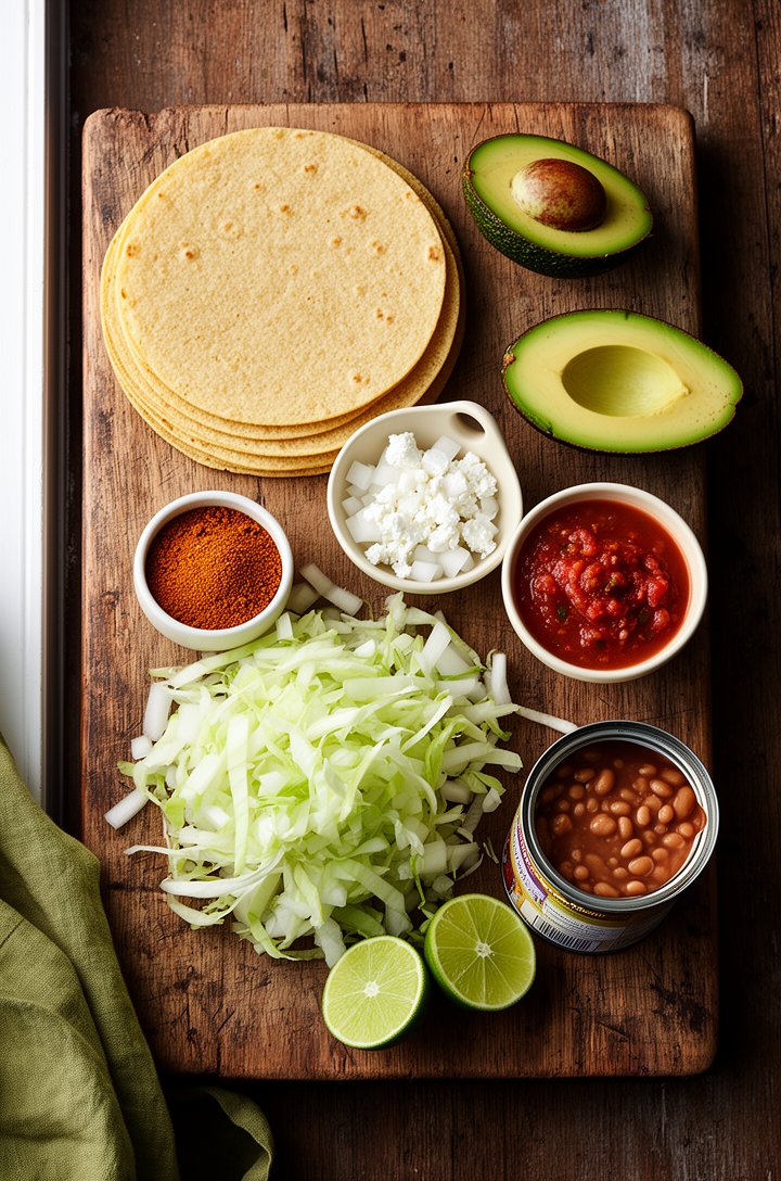 Overhead flat-lay of tostada ingredients arranged on an aged wooden board — a stack of raw corn tortillas, a small bowl of chili-cumin spice blend, diced white onion, a halved ripe avocado, crumbled w