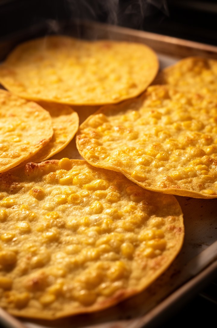 Close-up 30-degree angle of golden-brown baked corn tostada shells on a baking sheet, just pulled from the oven, surfaces bubbled and crisp with visible toasted corn texture, a few shells slightly ove