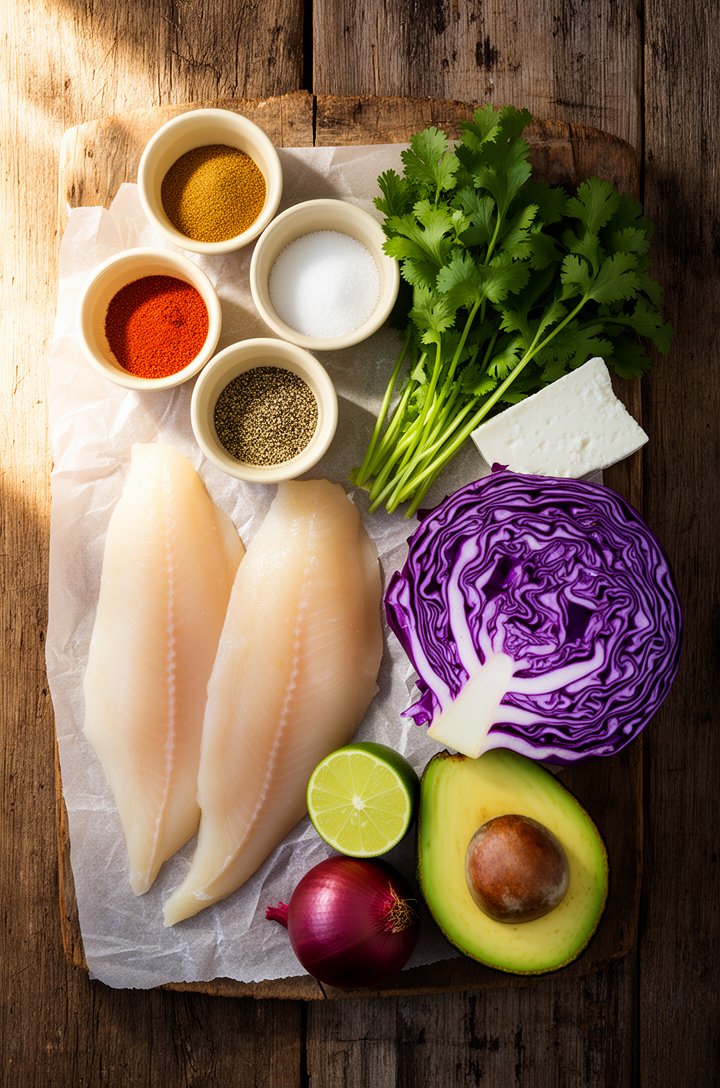 Overhead flat-lay of fish taco mise en place on aged wooden board — raw tilapia fillets on parchment, small butter-cream ceramic pinch bowls of ground cumin, cayenne pepper, salt and black pepper, a h