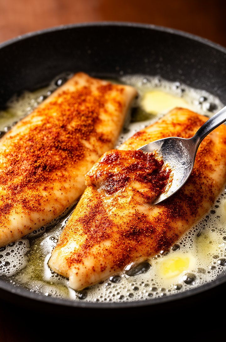 Close-up 30-degree angle of tilapia fillets searing in a non-stick skillet, golden-brown cumin-cayenne crust forming on the surface, butter foam visible at the edges of the pan, one fillet being gentl