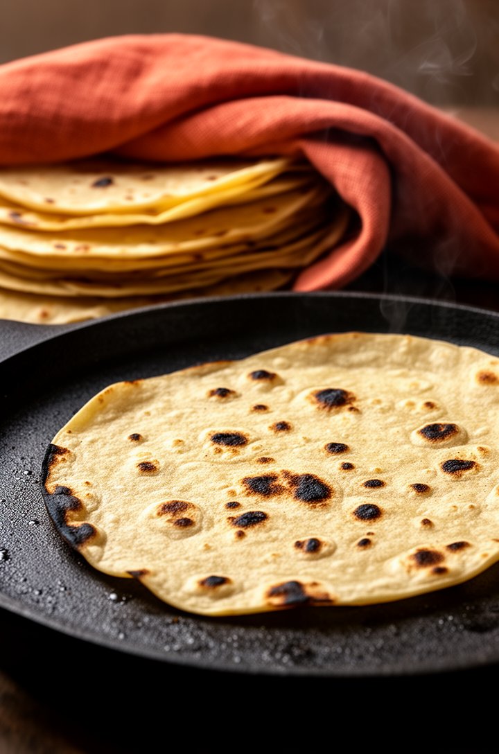 Close-up macro shot of corn tortillas being charred on a dry cast-iron griddle, small black-brown char spots forming on the surface, slight curl at the edges, a stack of already-charred tortillas wrap