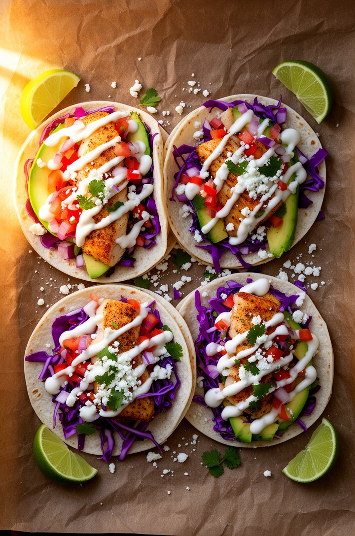 Overhead beauty shot of four assembled fish tacos arranged on brown parchment paper, generous chunks of golden-seared tilapia nestled on purple cabbage slaw, sliced avocado, diced red tomato and red o