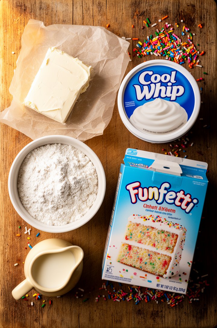 Overhead flat-lay of four ingredients for funfetti dip arranged on an aged wooden cutting board — a block of cream cheese on parchment, an open tub of Cool Whip, a box of Funfetti cake mix with the fl