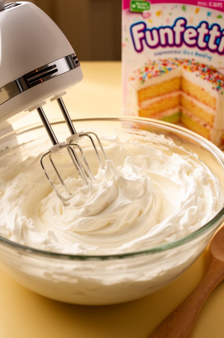 Close-up 30-degree angle of a hand mixer beating fluffy white cream cheese and whipped topping together in a large glass mixing bowl, mixture is smooth and billowy with visible soft peaks forming, war